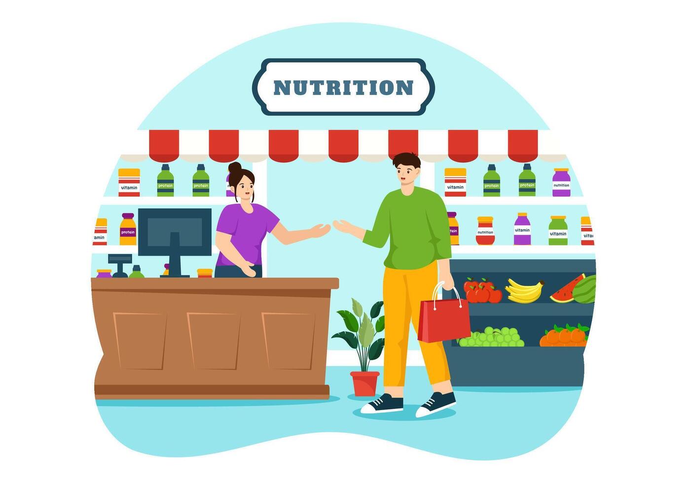 Nutrition Store Vector Illustration with Dietary Supplement of Vitamins and Minerals such as Fresh Fruit or Vegetables in Flat Cartoon Background