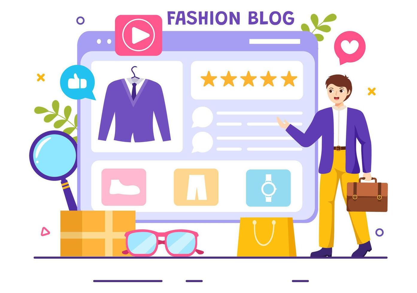 Fashion Blog Vector Illustration with Bloggers Review Videos of Fashionable Clothes Trends and Run Online in Flat Cartoon Background Style