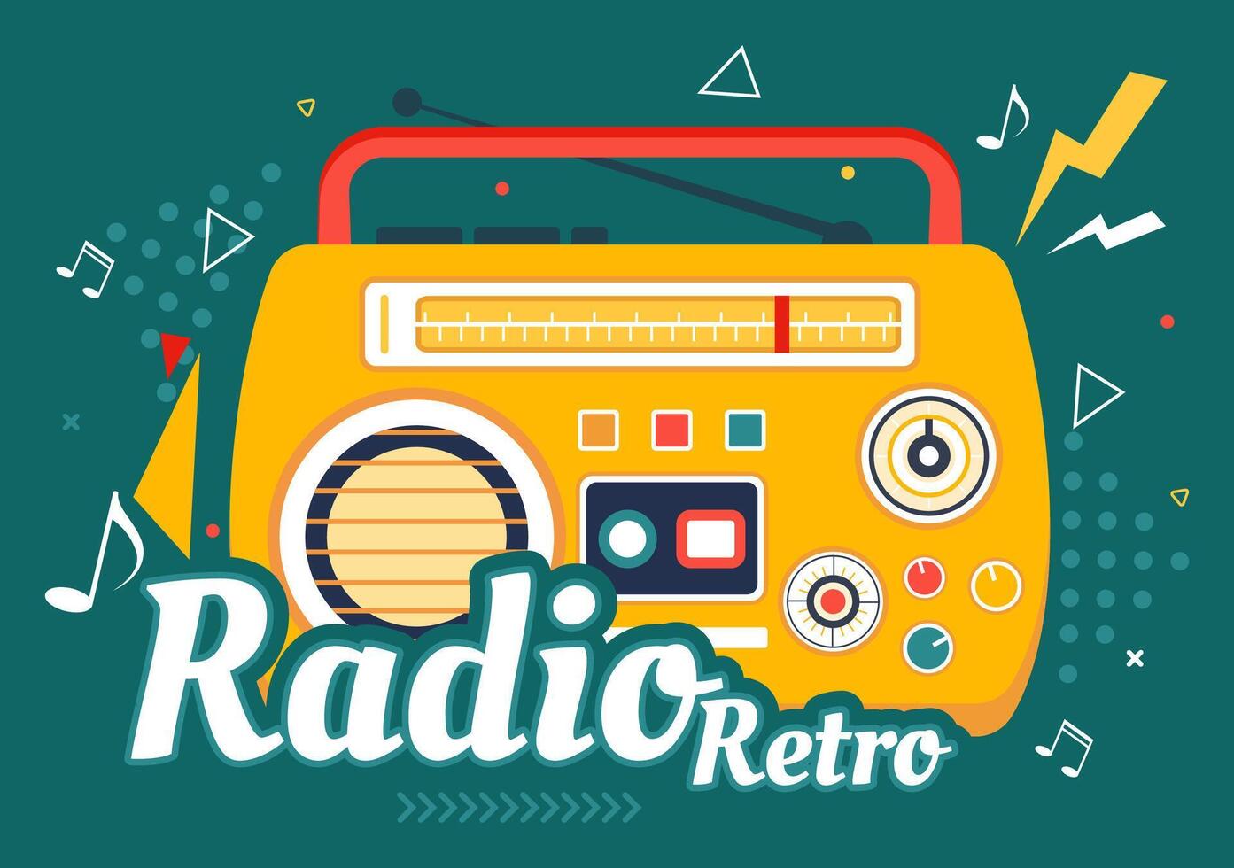 retro radio vector ilustración con jugador estilo para registro, antiguo receptor, entrevistas celebridad y escuchando a música en plano dibujos animados antecedentes