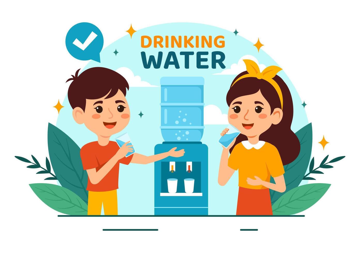 People Drinking Water From Plastic Bottles and Glasses with Pure Clean Fresh Concept in Flat Kids Cartoon Vector Illustration
