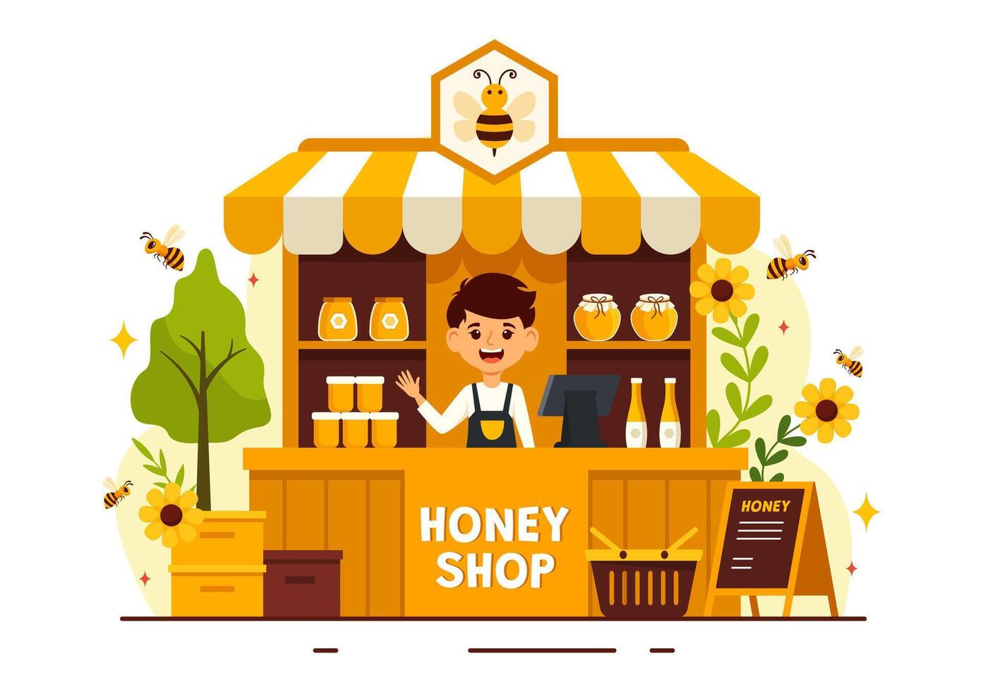 Honey Store Vector Illustration with a Natural Useful Product Jar, Bee or Honeycombs to be Consumed in Flat Cartoon Background Design