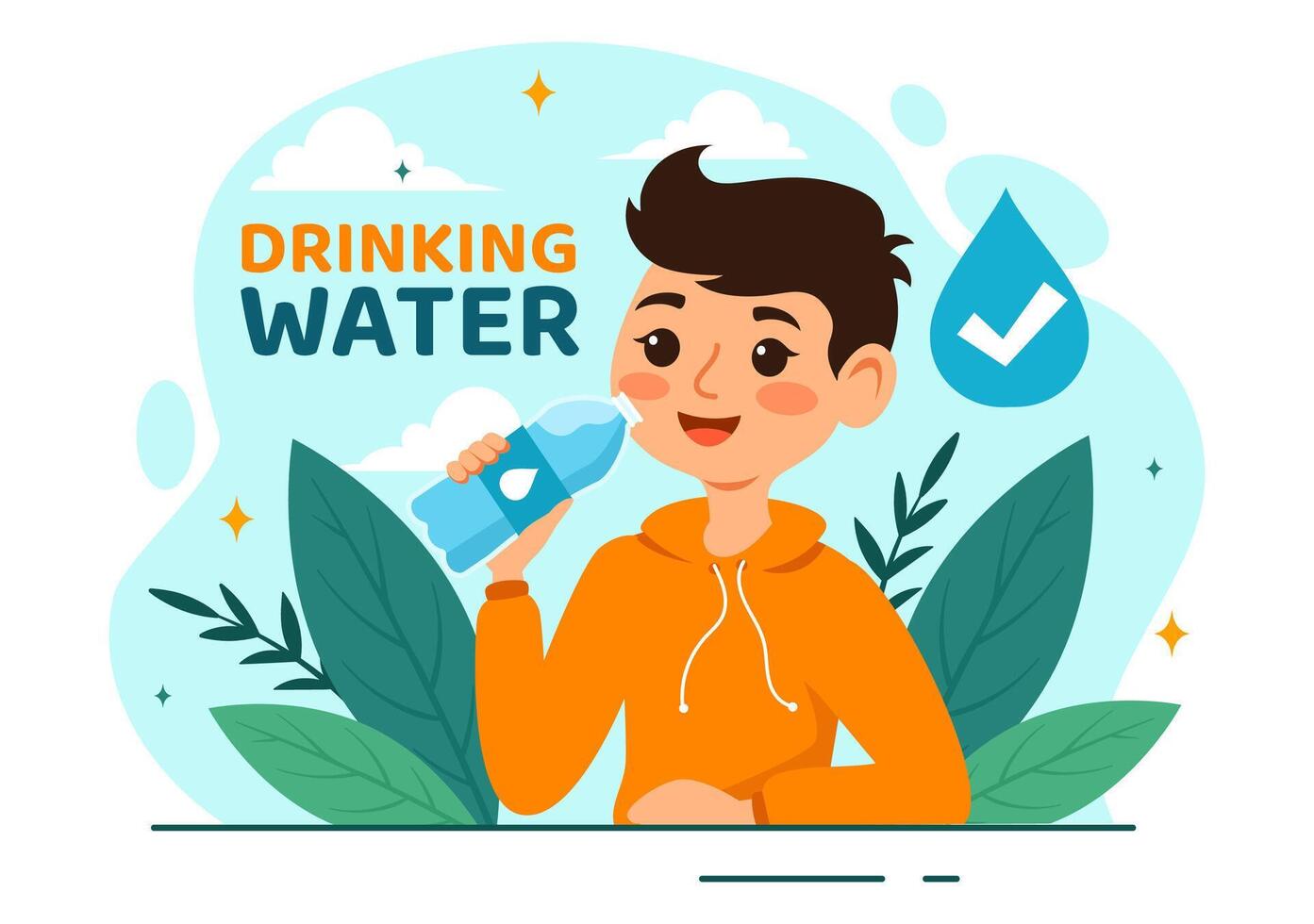 People Drinking Water From Plastic Bottles and Glasses with Pure Clean Fresh Concept in Flat Kids Cartoon Vector Illustration