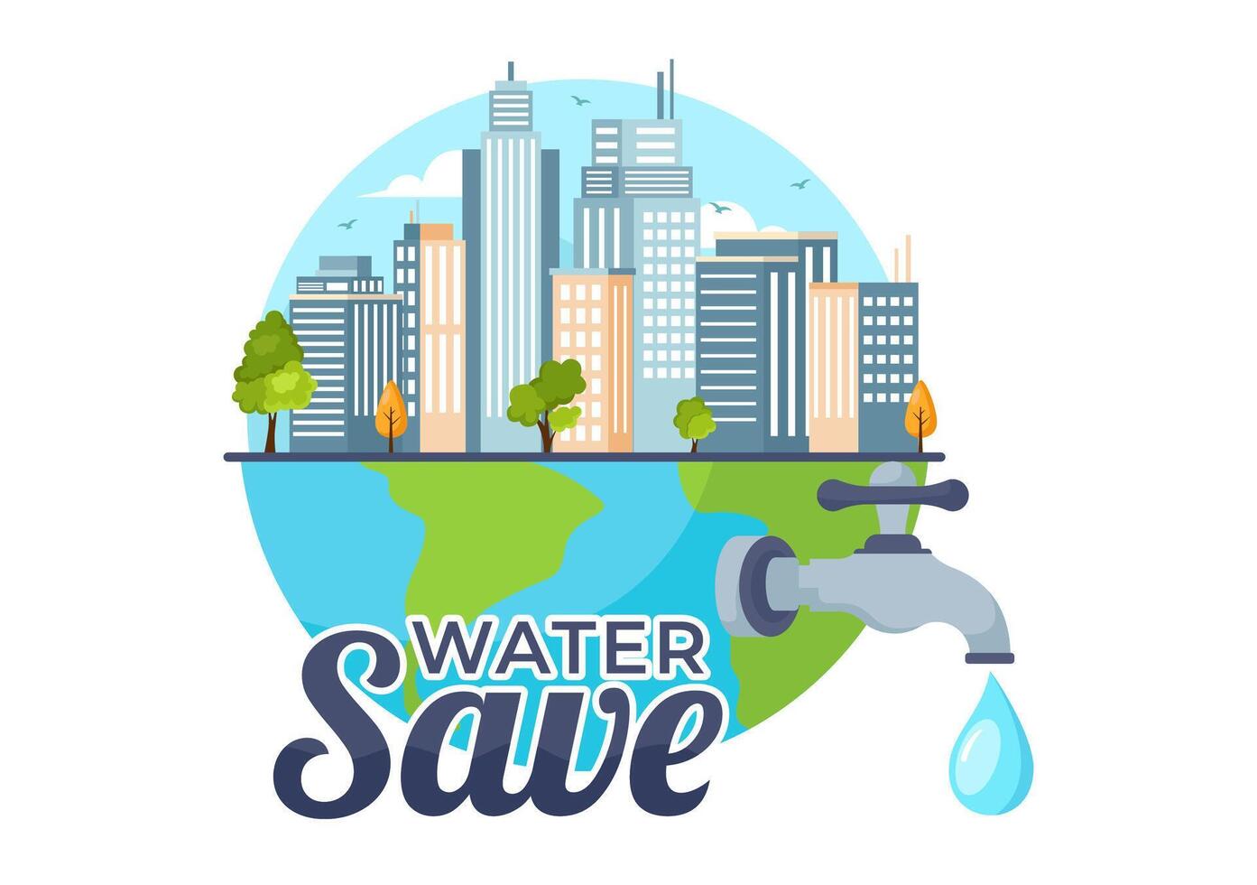 Water Saving Vector Illustration for Mineral Savings Campaign and Energy Utilization with Faucet and Earth Concept in Flat Cartoon Background