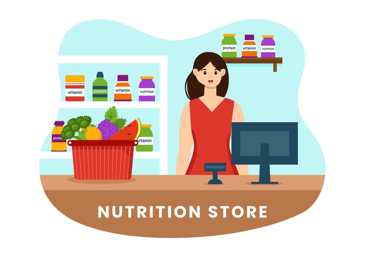 nutrición Tienda vector ilustración con dietético suplemento de vitaminas y minerales tal como Fresco Fruta o vegetales en plano dibujos animados antecedentes