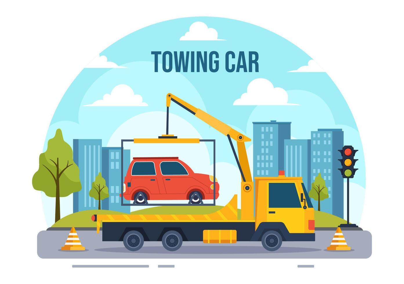 Auto Towing Car Vector Illustration Using a Truck with Roadside Assistance Service for Various Vehicles in Flat Cartoon Background Design