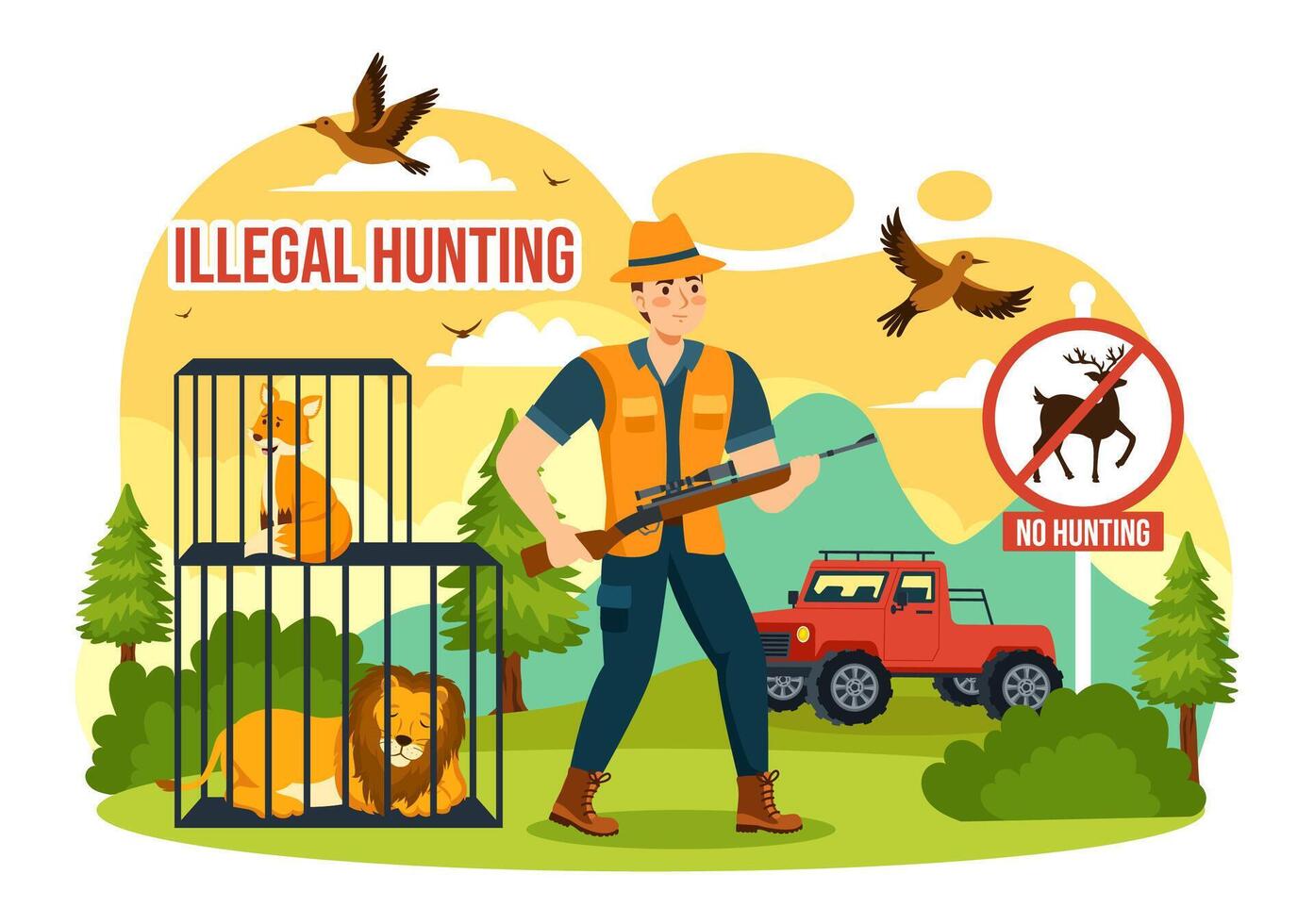 Illegal Hunting Vector Illustration by Shooting, Taking Wild Animals and Plants to Sell in Flat Cartoon Background Design