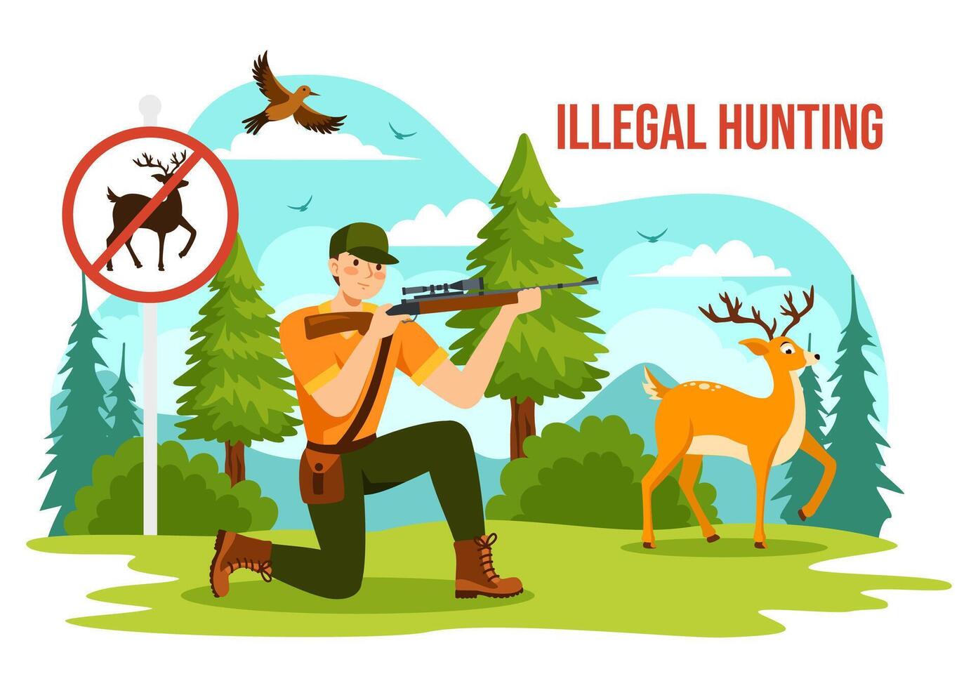 ilegal caza vector ilustración por tiroteo, tomando salvaje animales y plantas a vender en plano dibujos animados antecedentes diseño