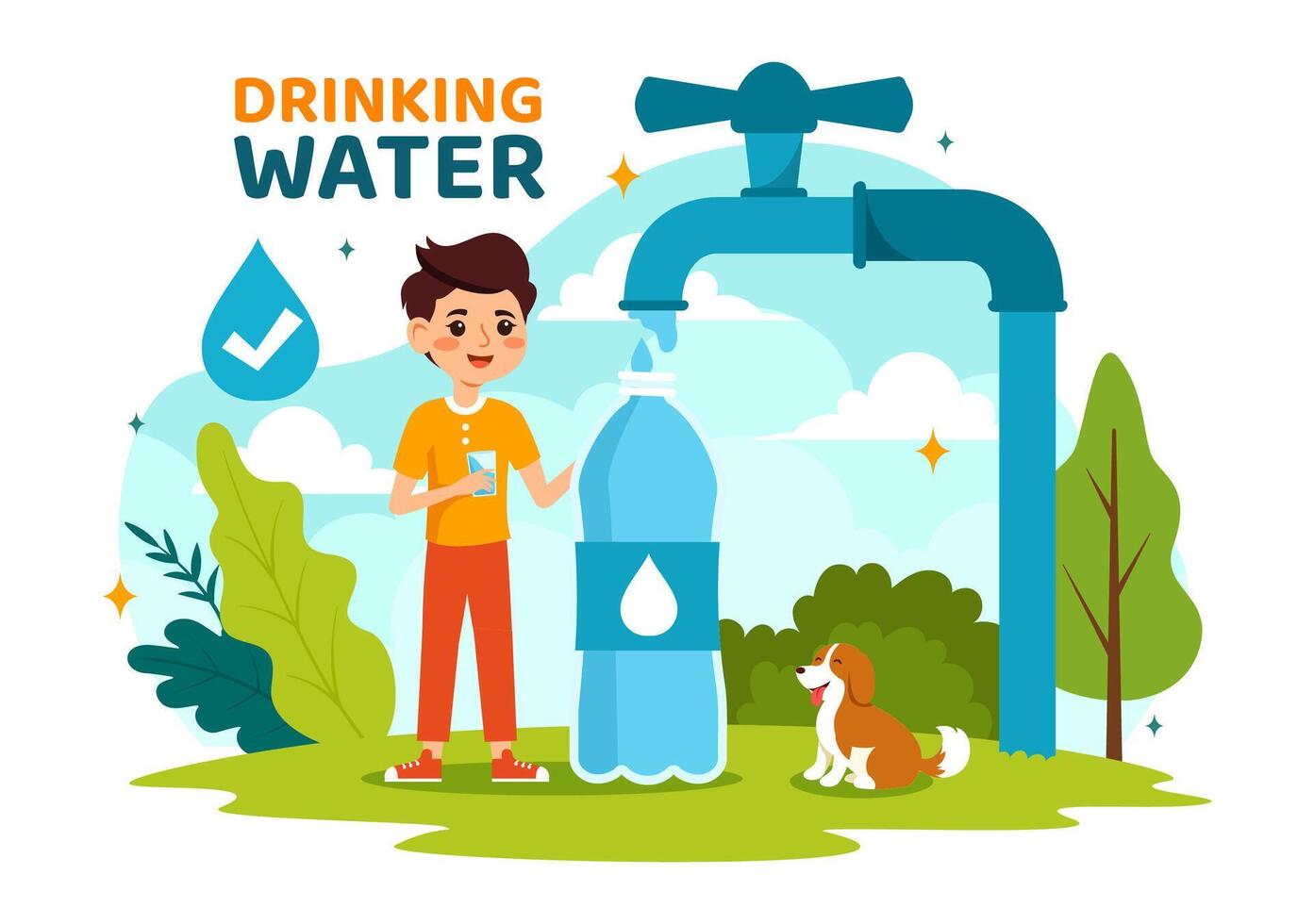 People Drinking Water From Plastic Bottles and Glasses with Pure Clean Fresh Concept in Flat Kids Cartoon Vector Illustration