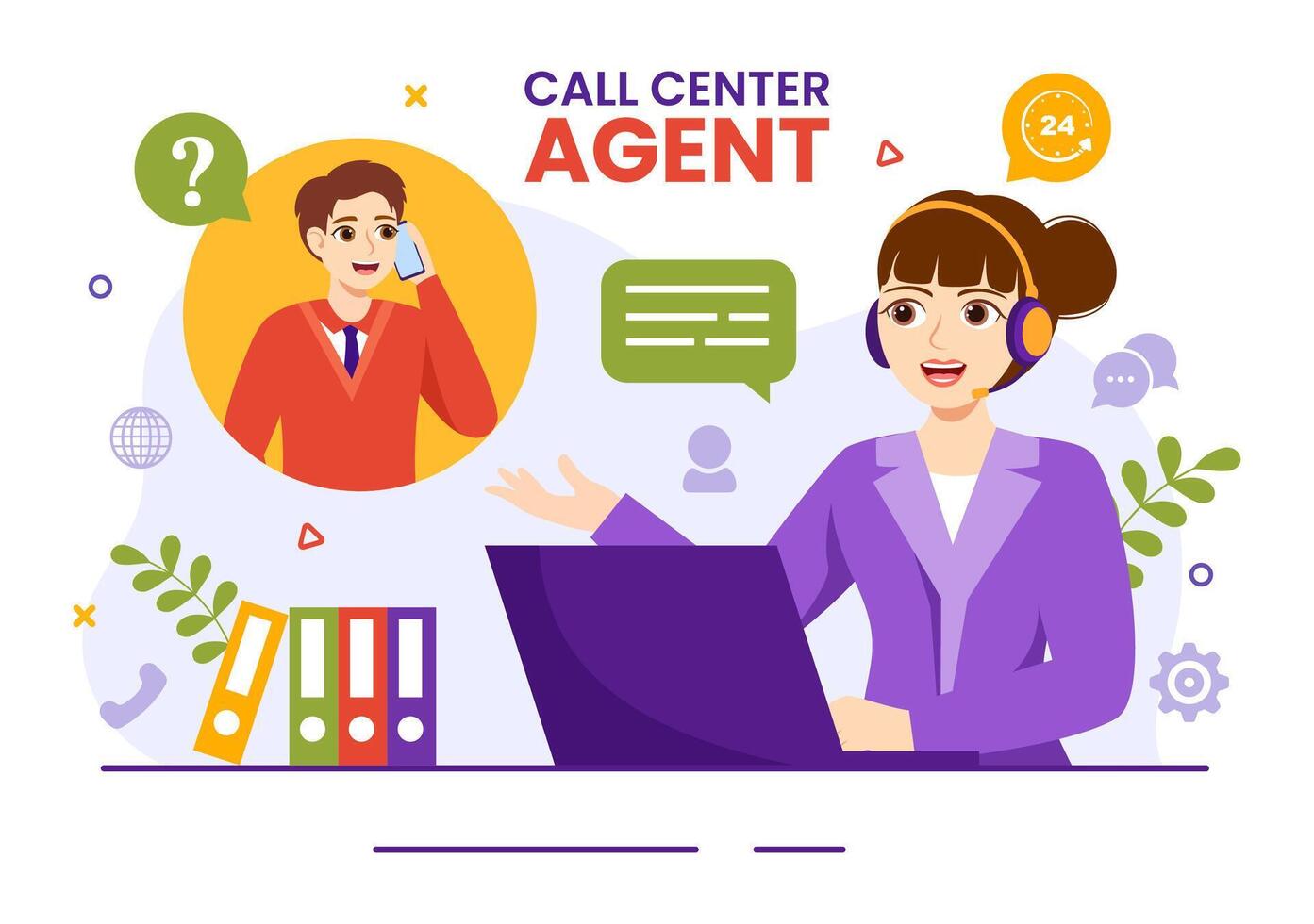 Call Center Agent Vector Illustration of Customer Service or Hotline Operator with Headsets and Computers in Flat Cartoon Background