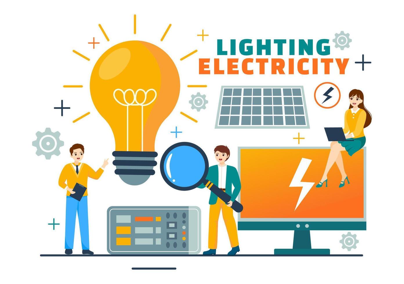 Lighting and Electricity Vector Illustration with Lamp and Energy Maintenance Service Panel Cabinet of Technician Electrical Work on Flat Background