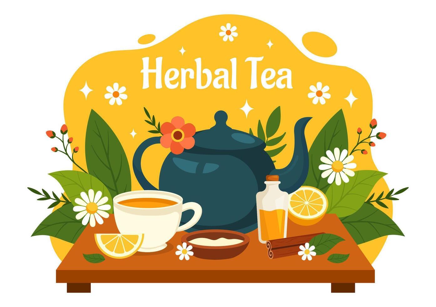 Herbal Tea Vector Illustration with Chamomile Leaves of Health Drink Green and Mixture of Flowers to Increase Endurance in Flat Cartoon Background