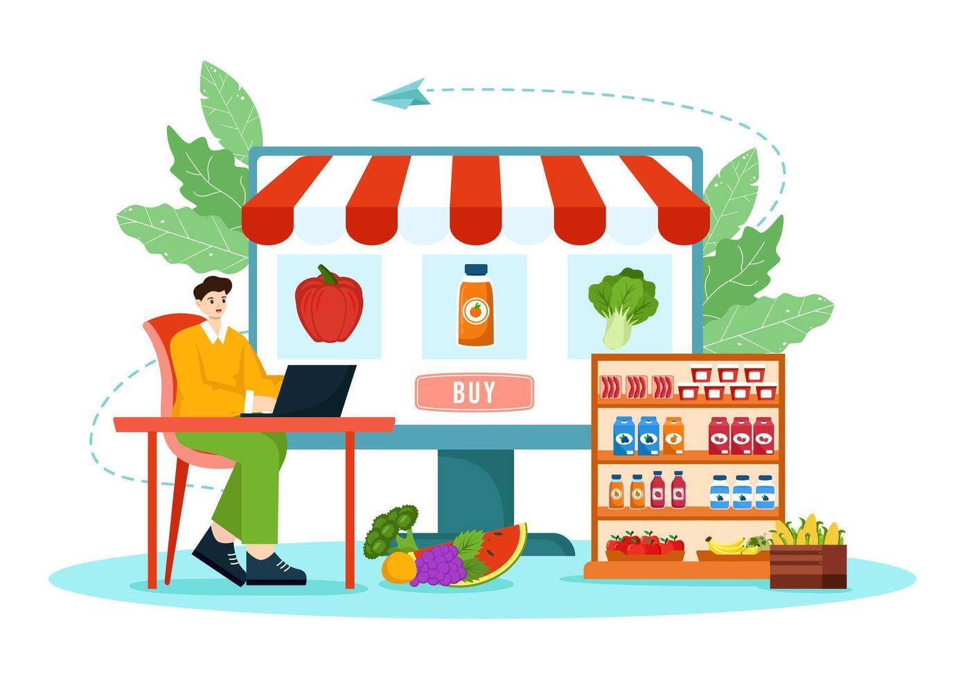 en línea tienda de comestibles Tienda vector ilustración con comida producto estantes, bastidores lácteos, frutas y bebidas para compras orden vía teléfono en antecedentes