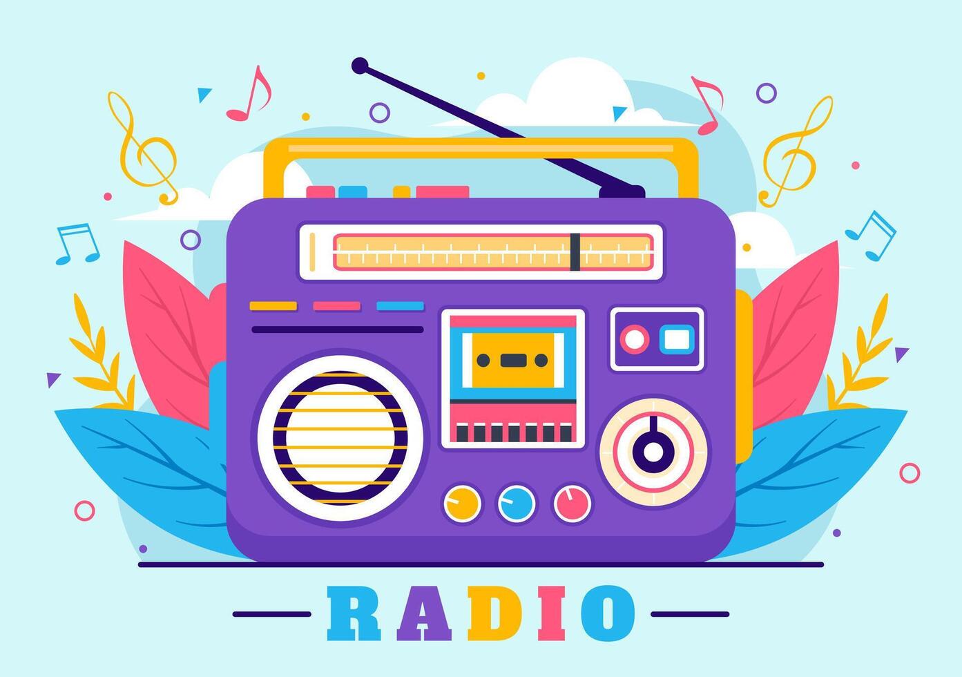 Radio Vector Illustration with a Musical Instrument used to Send Signals for Record, Old Receiver and Listening to Music in Flat Cartoon Background