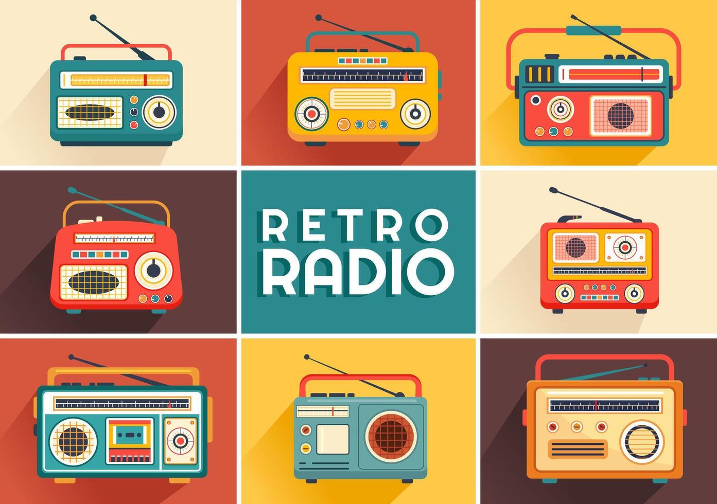 retro radio vector ilustración con jugador estilo para registro, antiguo receptor, entrevistas celebridad y escuchando a música en plano dibujos animados antecedentes