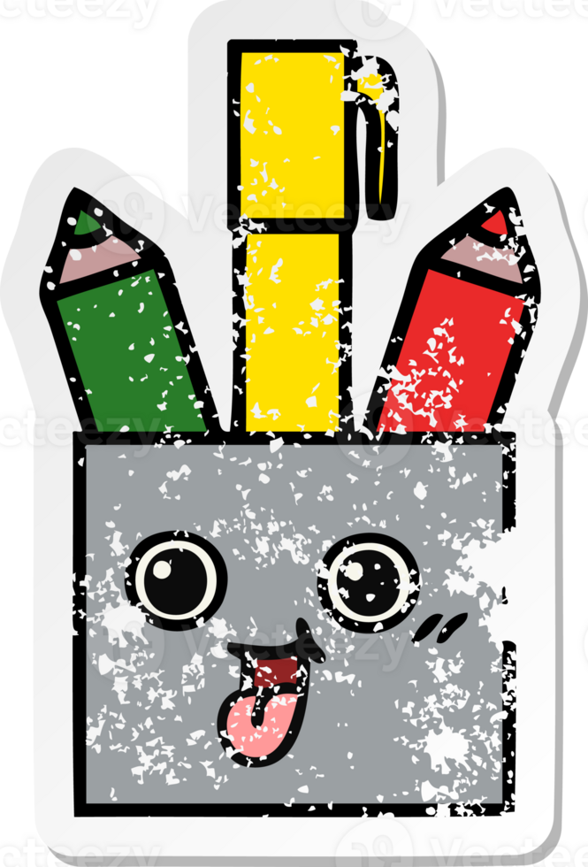 distressed sticker of a cute cartoon pencil pot png