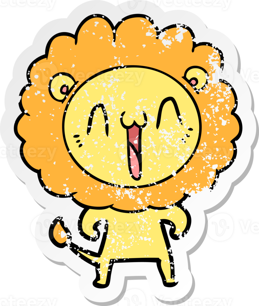 distressed sticker of a happy cartoon lion png