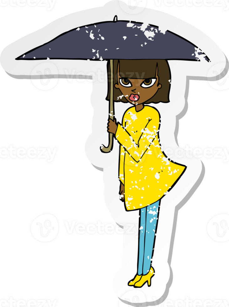 retro distressed sticker of a cartoon woman with umbrella png