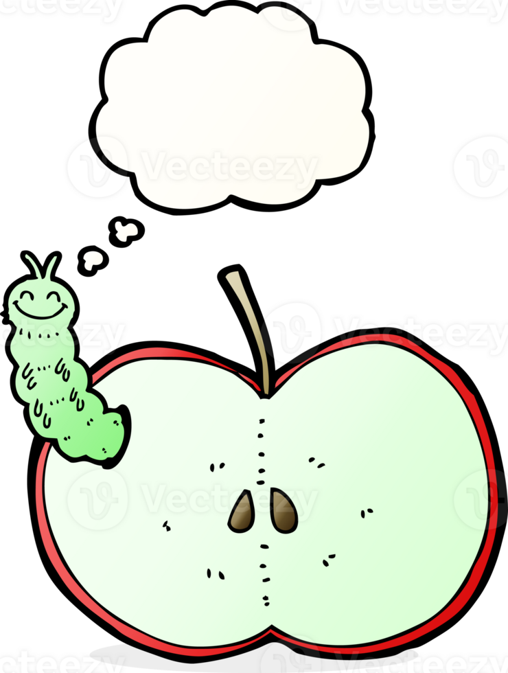 cartoon bug eating apple with thought bubble png