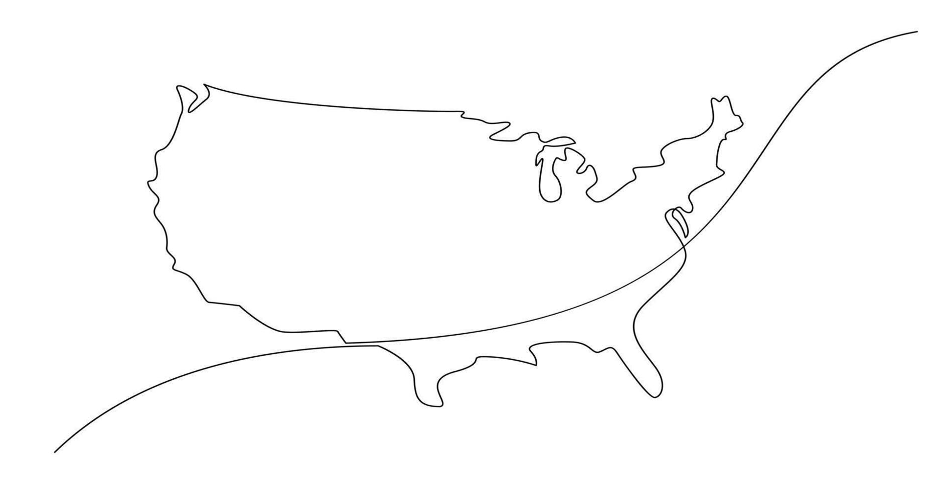 USA map one continuous line drawing. Country single line contour map, shape of country. vector