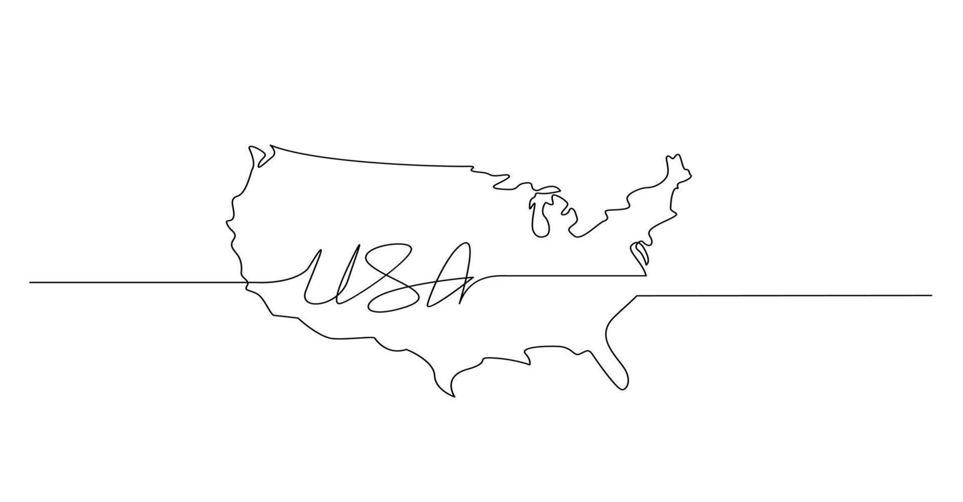 USA map one continuous line drawing. Country single line contour map, shape of country. vector