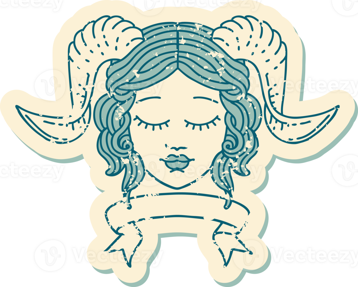 Retro Tattoo Style tiefling character face with scroll banner png