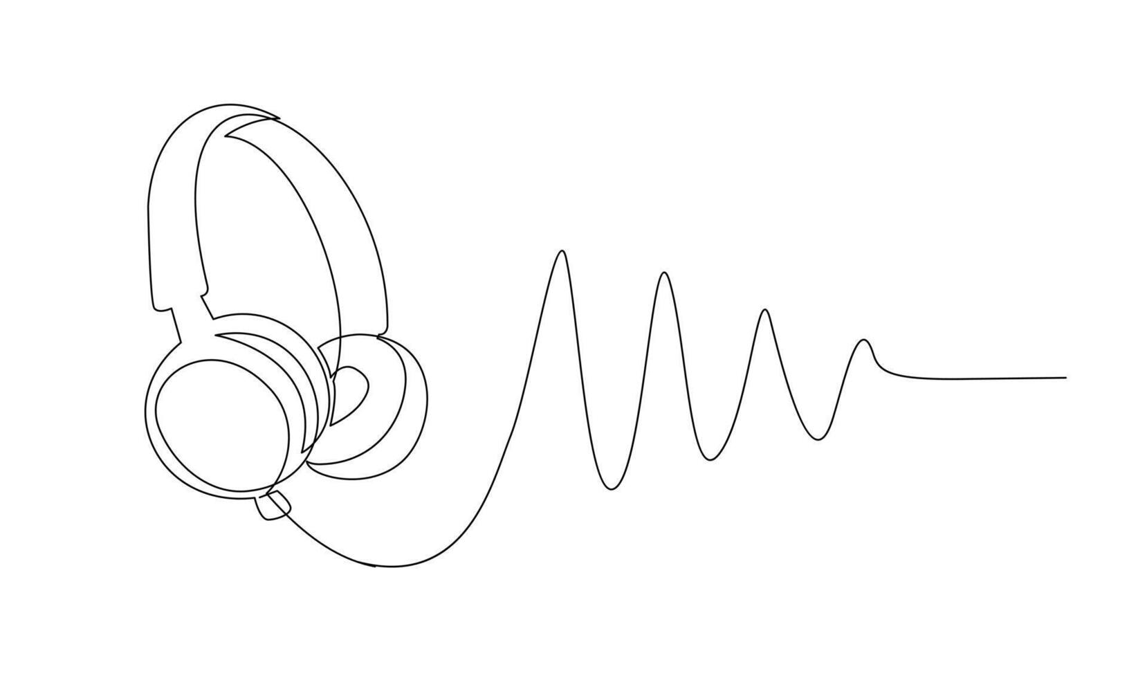 One line headphones. Continuous drawing of music gadget and note. vector