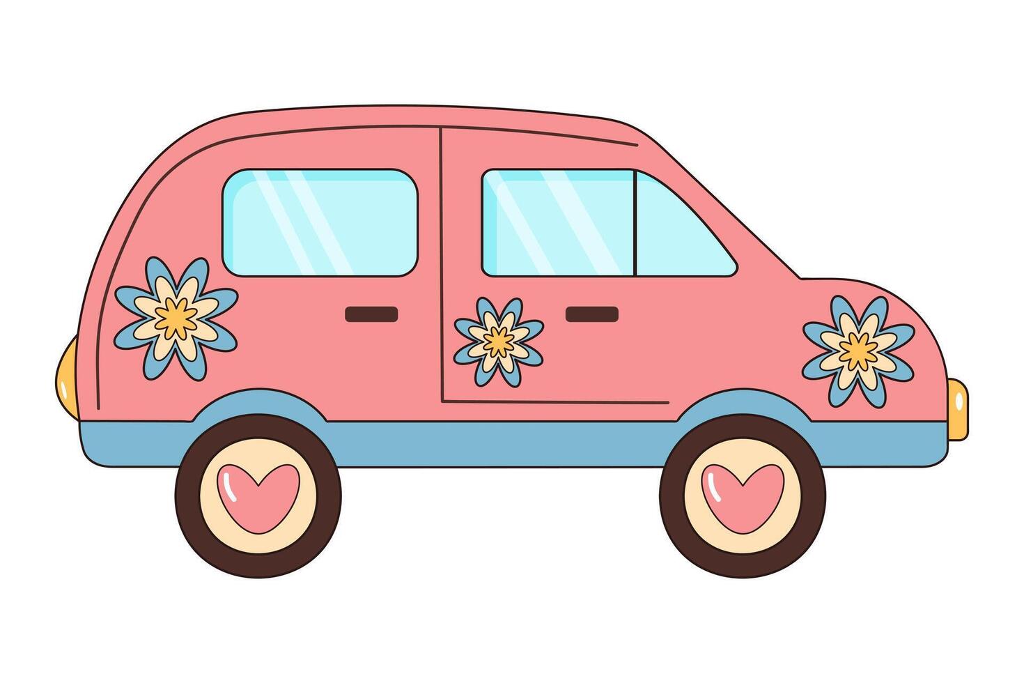 Groovy retro car with flowers and hearts. Hippie vintage truck. Love, peace, travel, adventure, hippie culture concept. vector