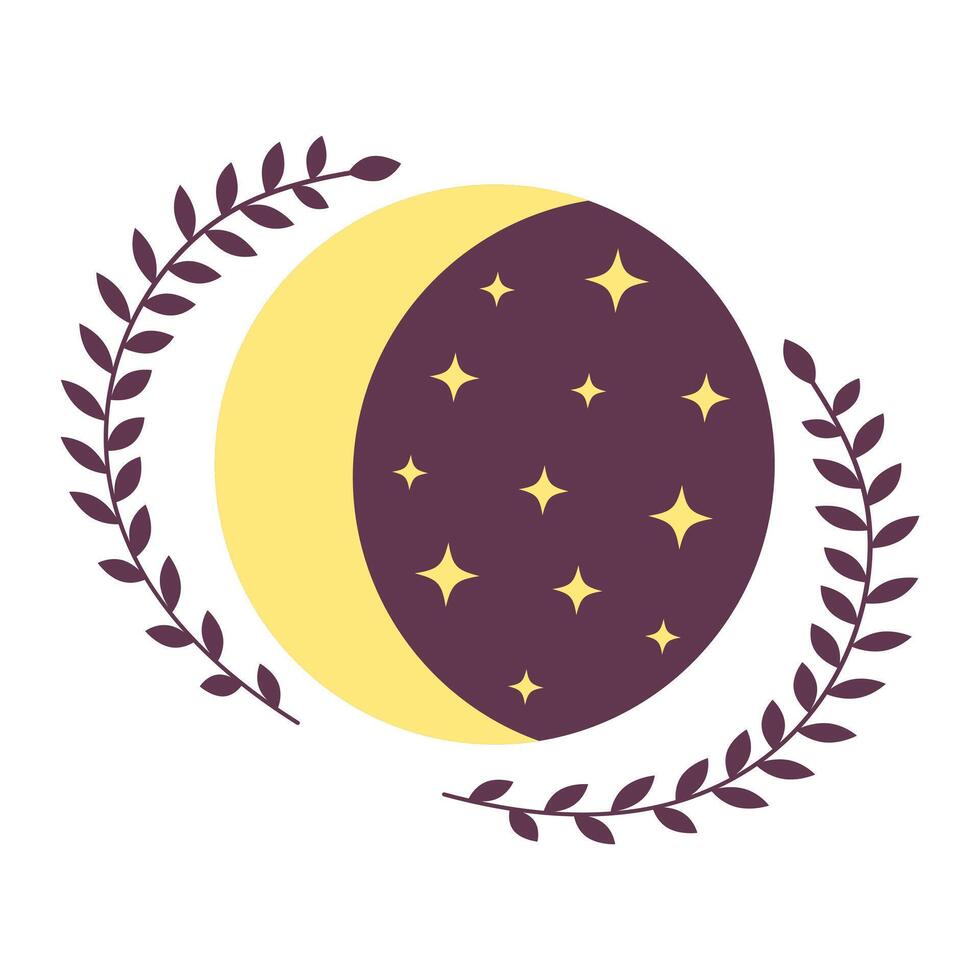 Crescent moon with stars and twigs. Esoteric mystic symbol. Cartoon flat vector illustration.