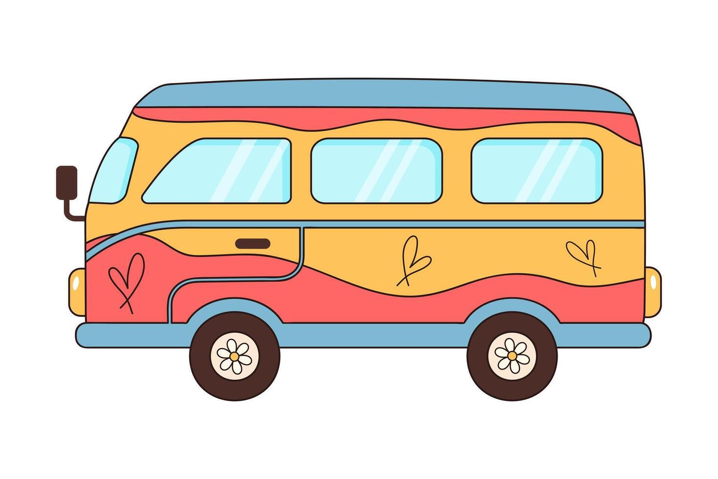 Groovy retro hippie bus with hearts. Vintage truck. Love, peace, travel, adventure, hippie culture concept. vector