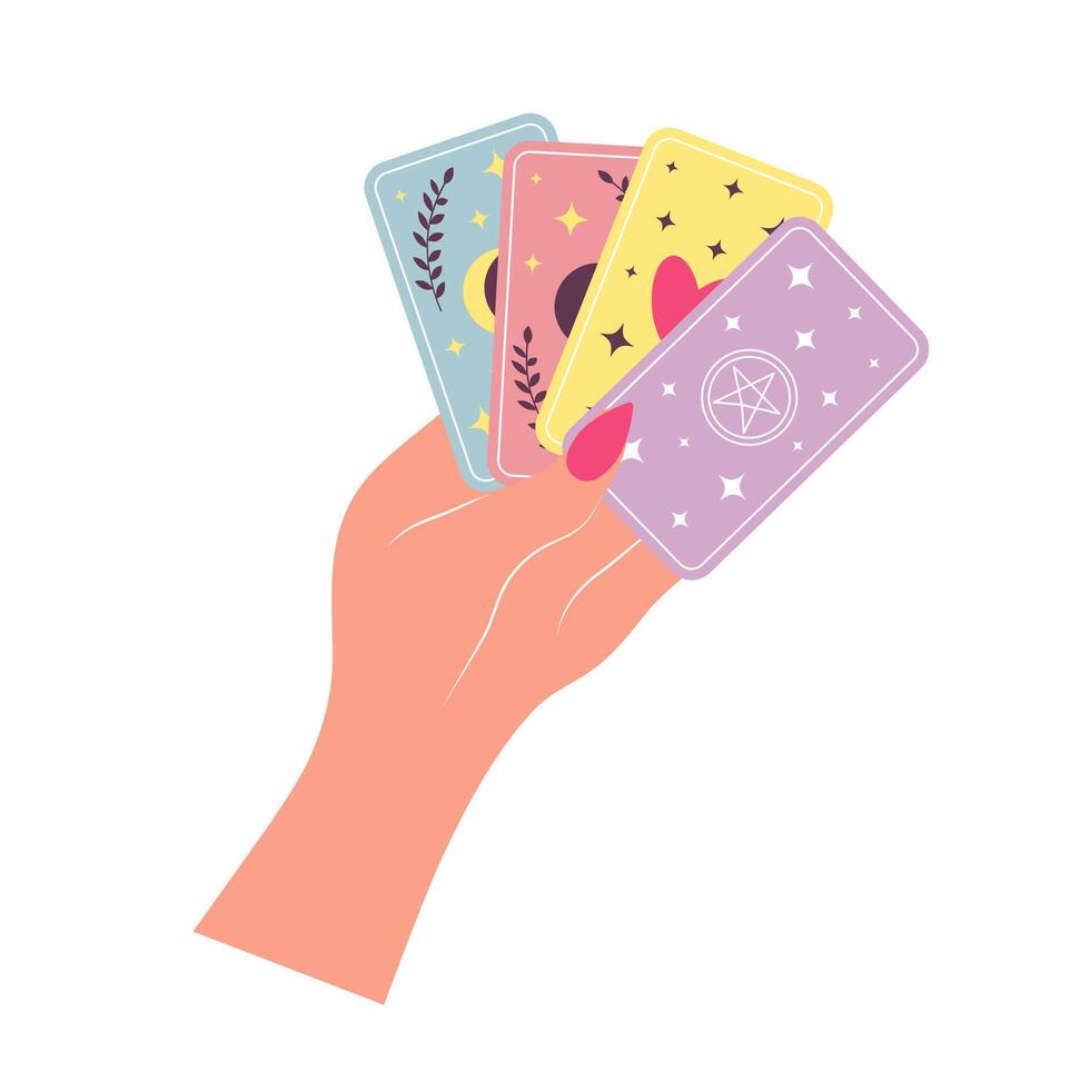 Female hand holds magic tarot cards with different signs. Esoteric symbol of fortune telling and prediction. Cartoon flat illustration. vector