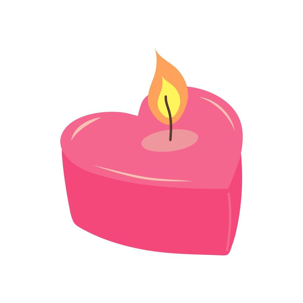 Cute burning candle in the form of heart. Cartoon flat vector illustration.