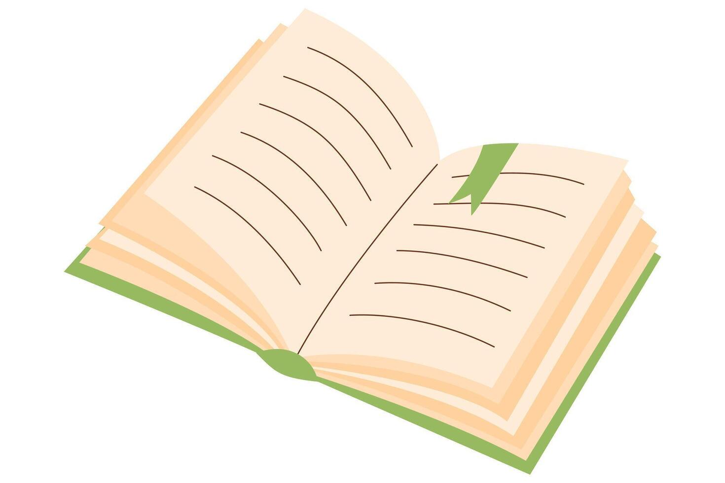 Open book with bookmark and empty lined paper sheets. Vector illustration isolated on white background.