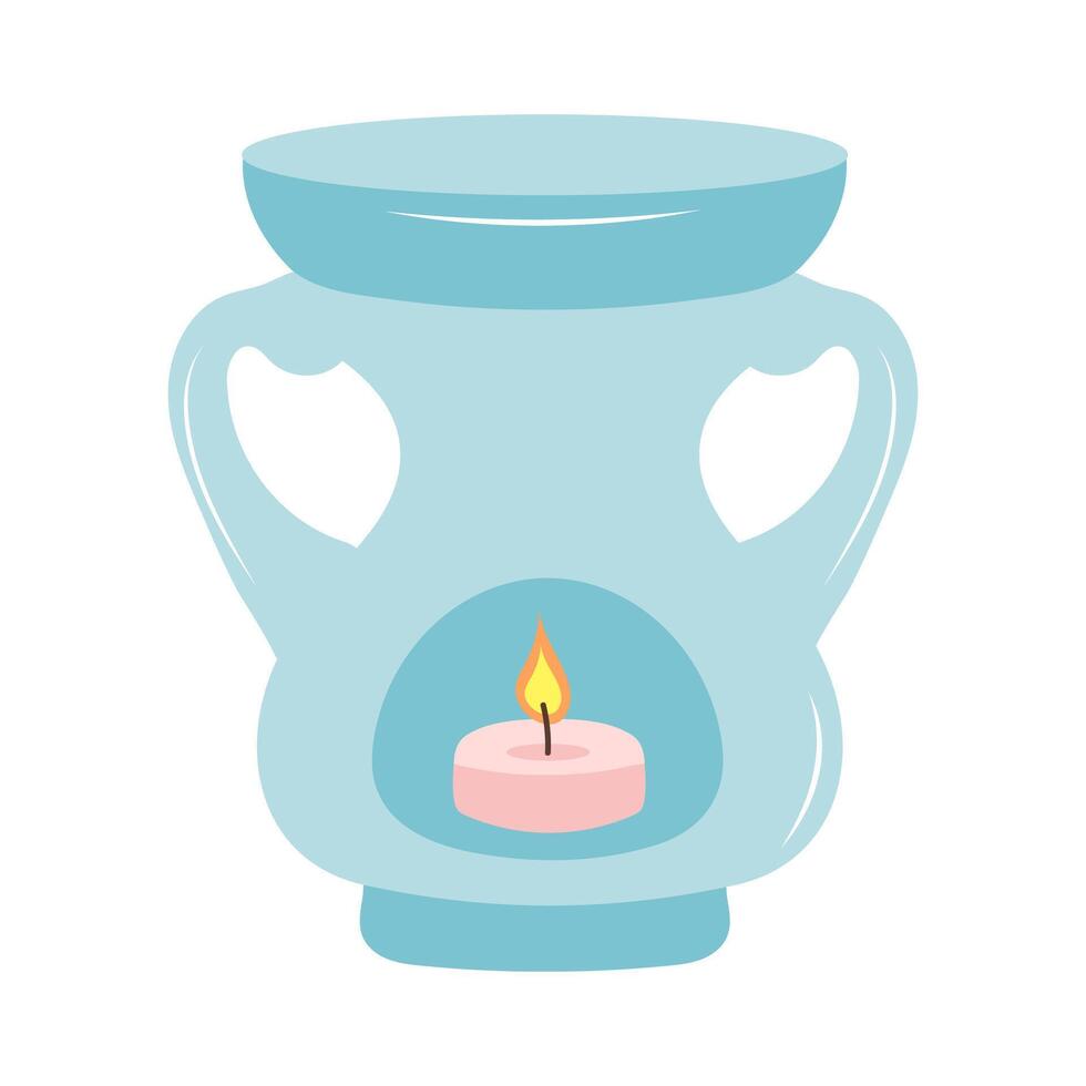 Aroma lamp with candle for SPA and aromatherapy. Cartoon flat vector illustration.