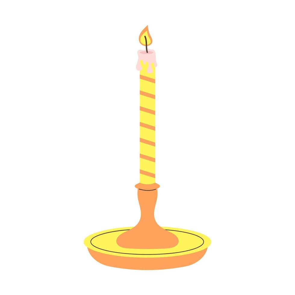 Cute burning candle with wax in a candlestick. Cartoon flat vector illustration.
