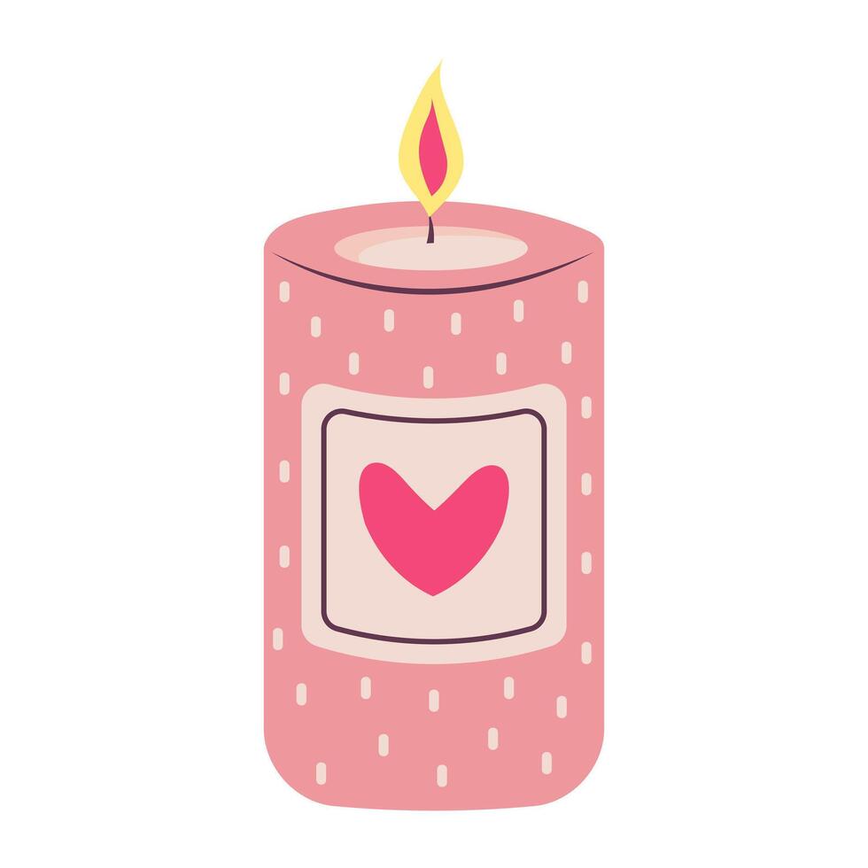 romántico aroma vela con corazón. calma y acogedor atmósfera concepto. dibujos animados plano vector ilustración.