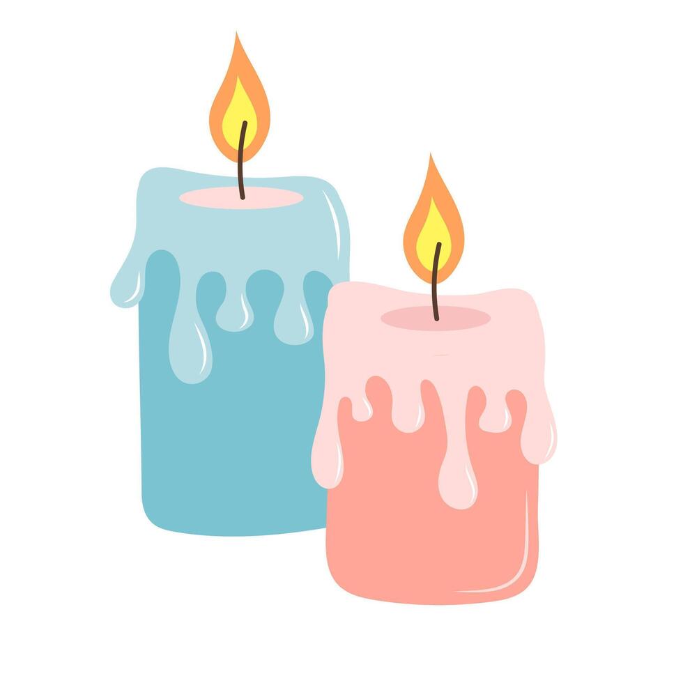 Cute burning candles with wax. Cartoon flat vector illustration.