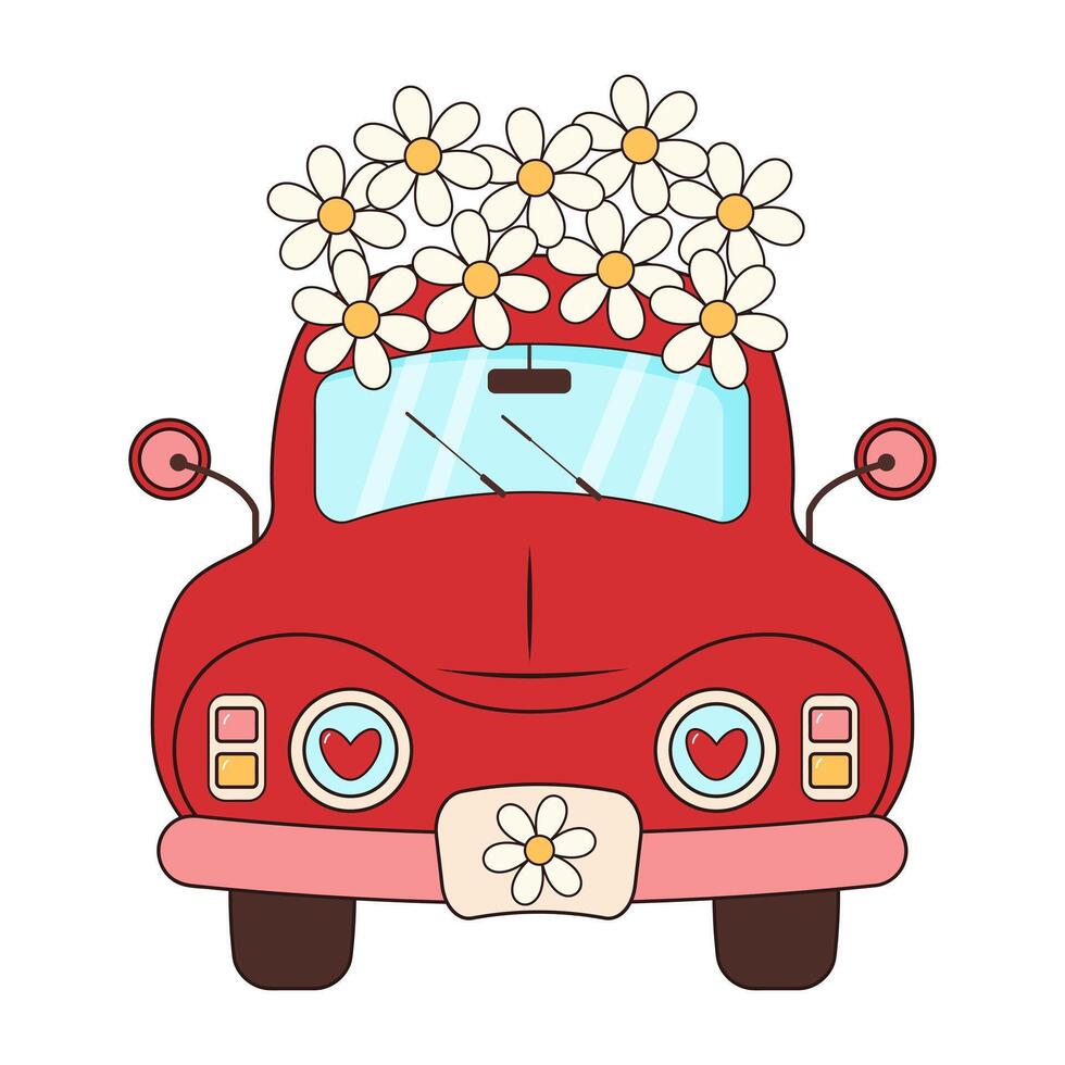 Groovy retro red car with daisies. Hippie vintage car. Love, peace, travel, adventure, hippie culture concept. vector