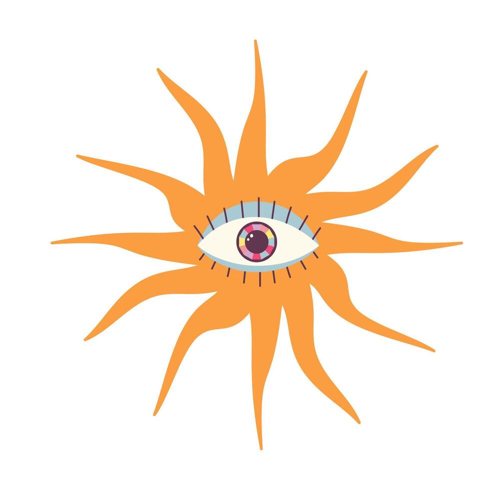 Esoteric sun with all seeing eye. Occult, witchcraft and magic symbol. Cartoon flat vector illustration.
