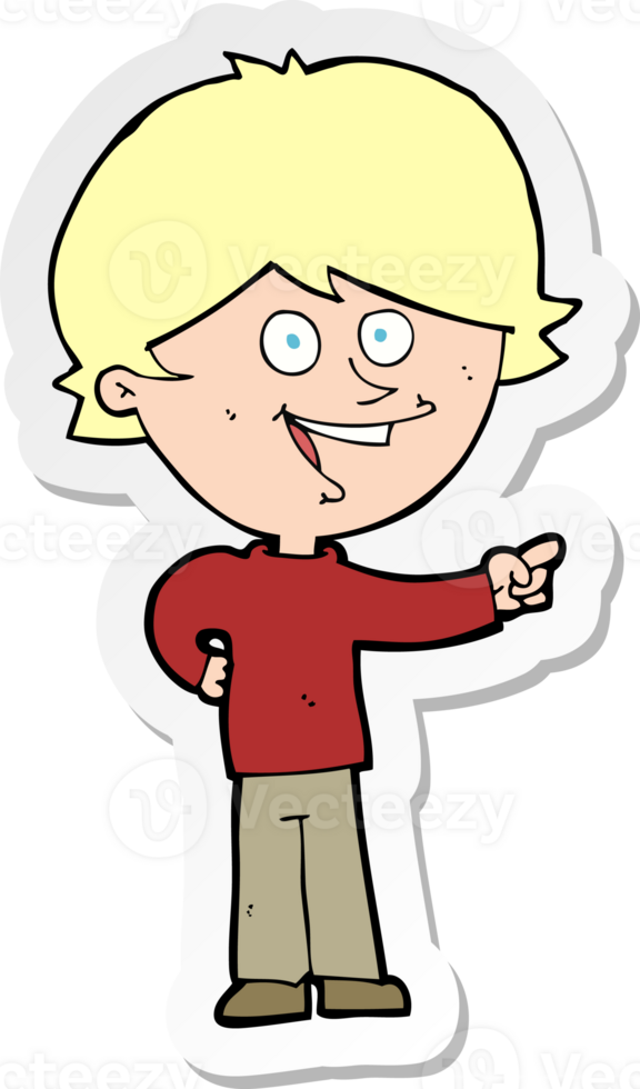sticker of a cartoon boy laughing and pointing png
