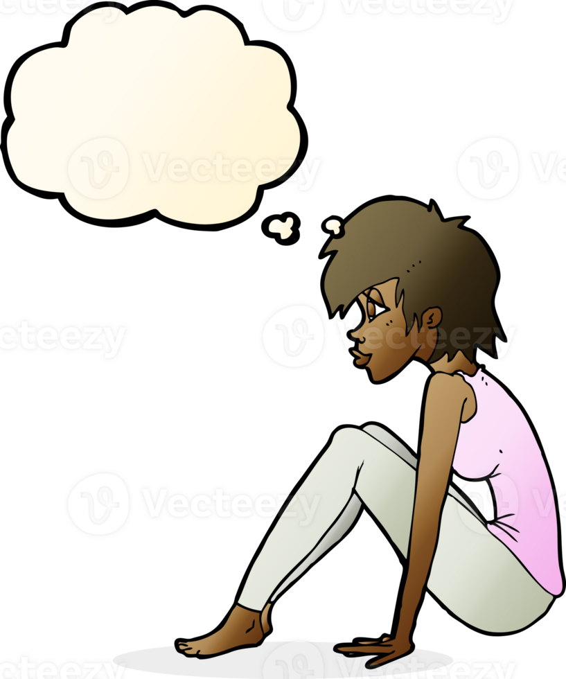 cartoon woman sitting with thought bubble png