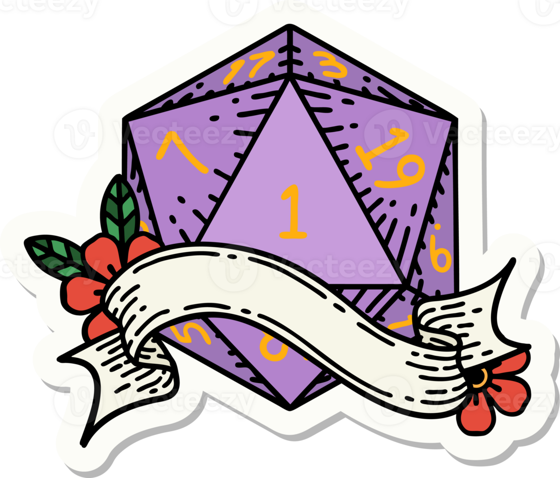 sticker of a natural one d20 dice roll png