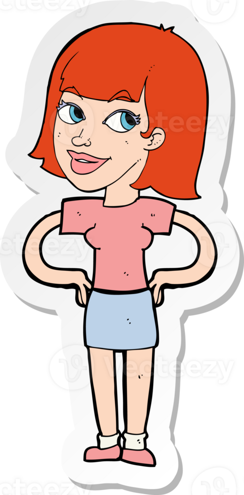 sticker of a cartoon happy woman with hands on hips png