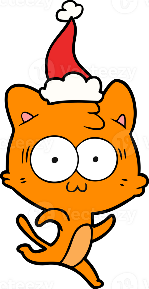 hand drawn line drawing of a surprised cat running wearing santa hat png