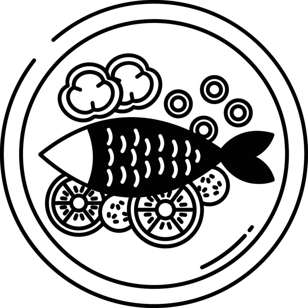 pescado plato glifo y línea vector ilustración