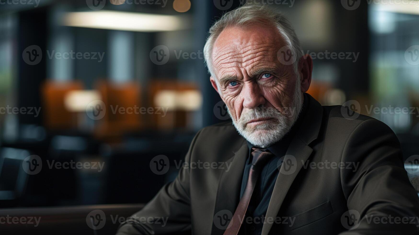 AI generated Angry serious senior businessman. Anger elderly man boss in a suit in office, copy space photo