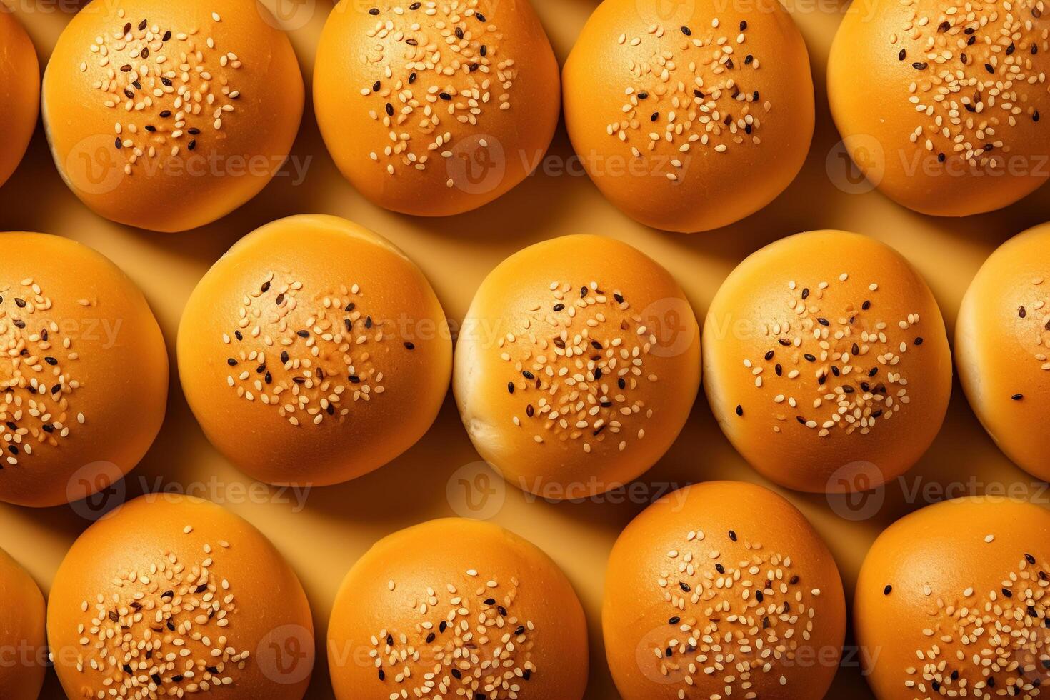 AI generated Golden sesame burger buns, top view food pattern photo