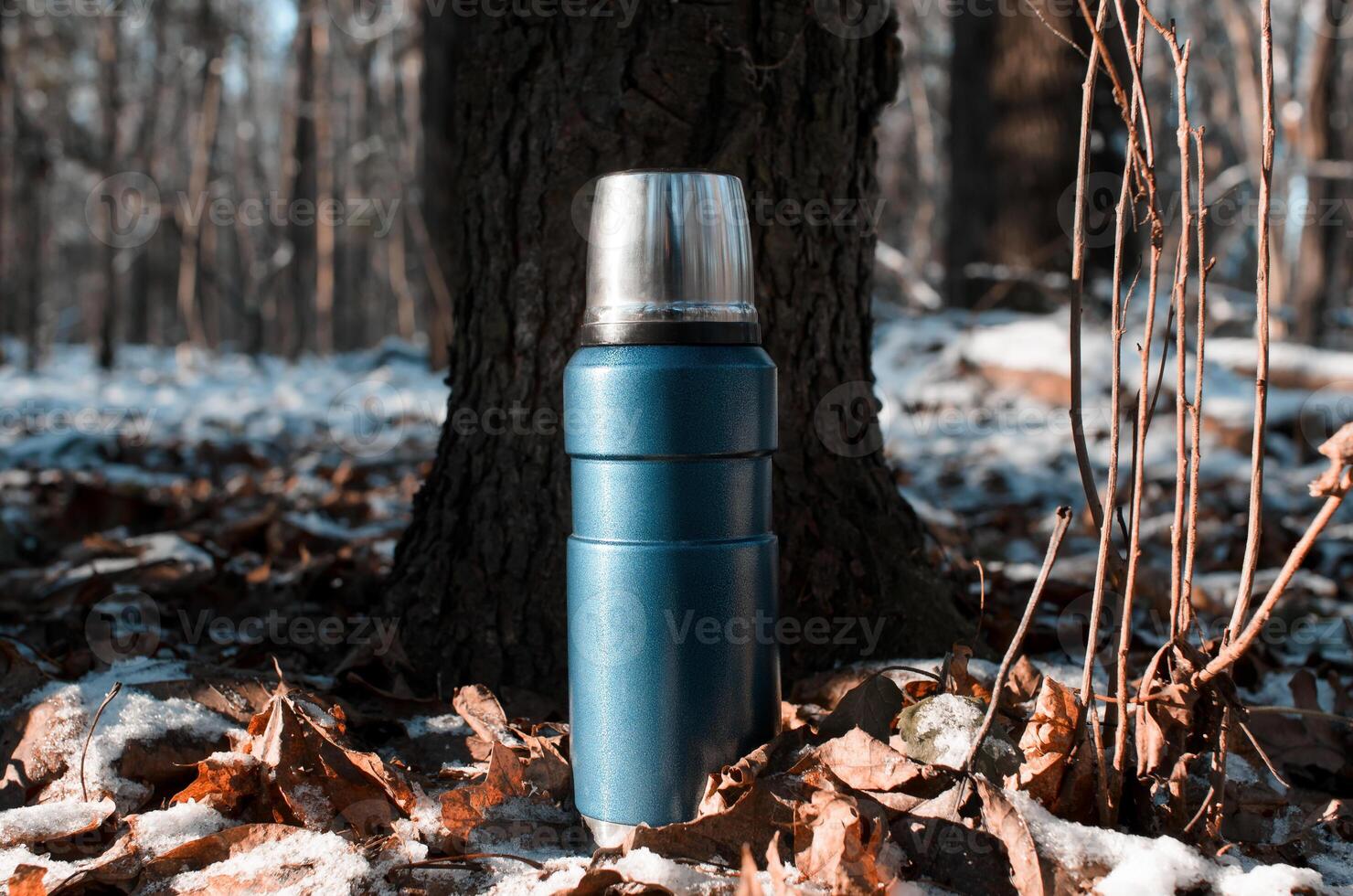 Hiking flask standing in winter forest, close-up. Vacuum thermos for hiking and traveling photo