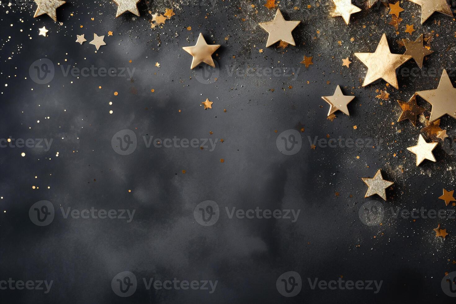 AI generated Festive, Christmas background with copy space, top view of golden stars on a dark surface photo