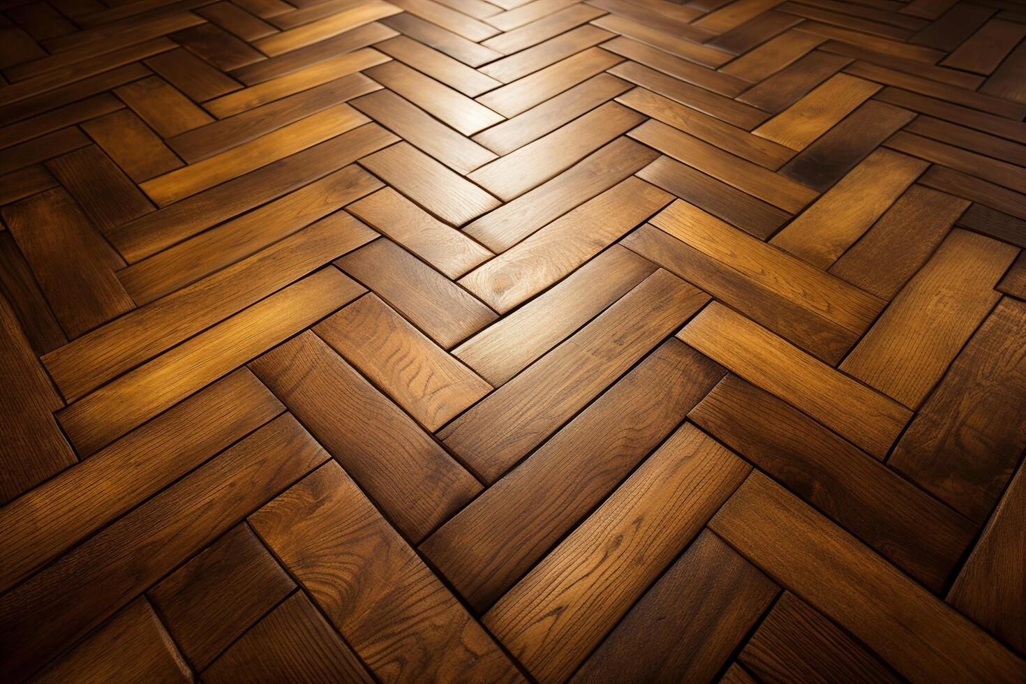 AI generated Parquet floor pattern, narrow brown varnished boards. Close-up, perspective view photo