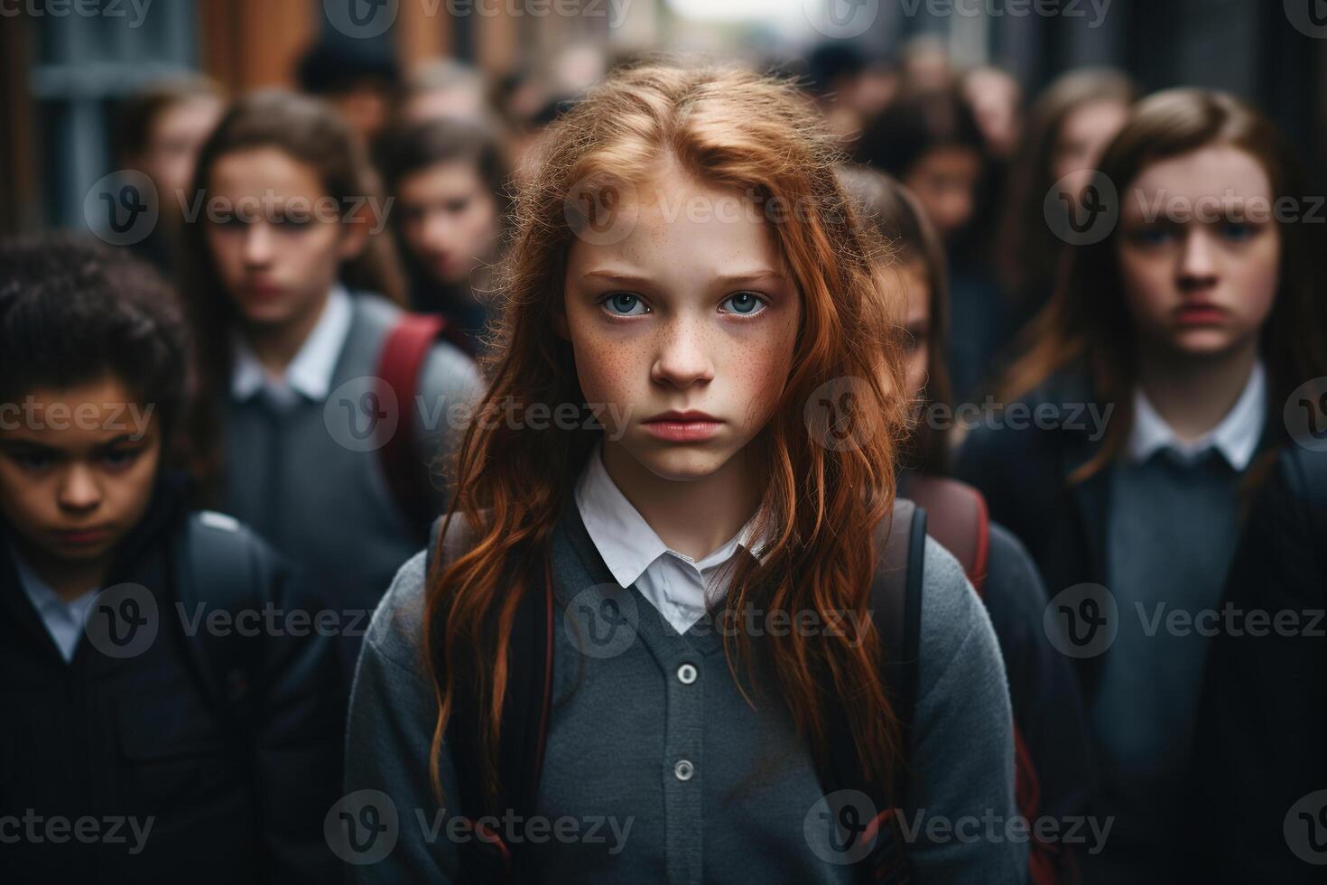 AI generated Sad tired crowd of schoolchildren outdoors, portrait of a Caucasian red-haired schoolgirl with a briefcase looking at camera photo